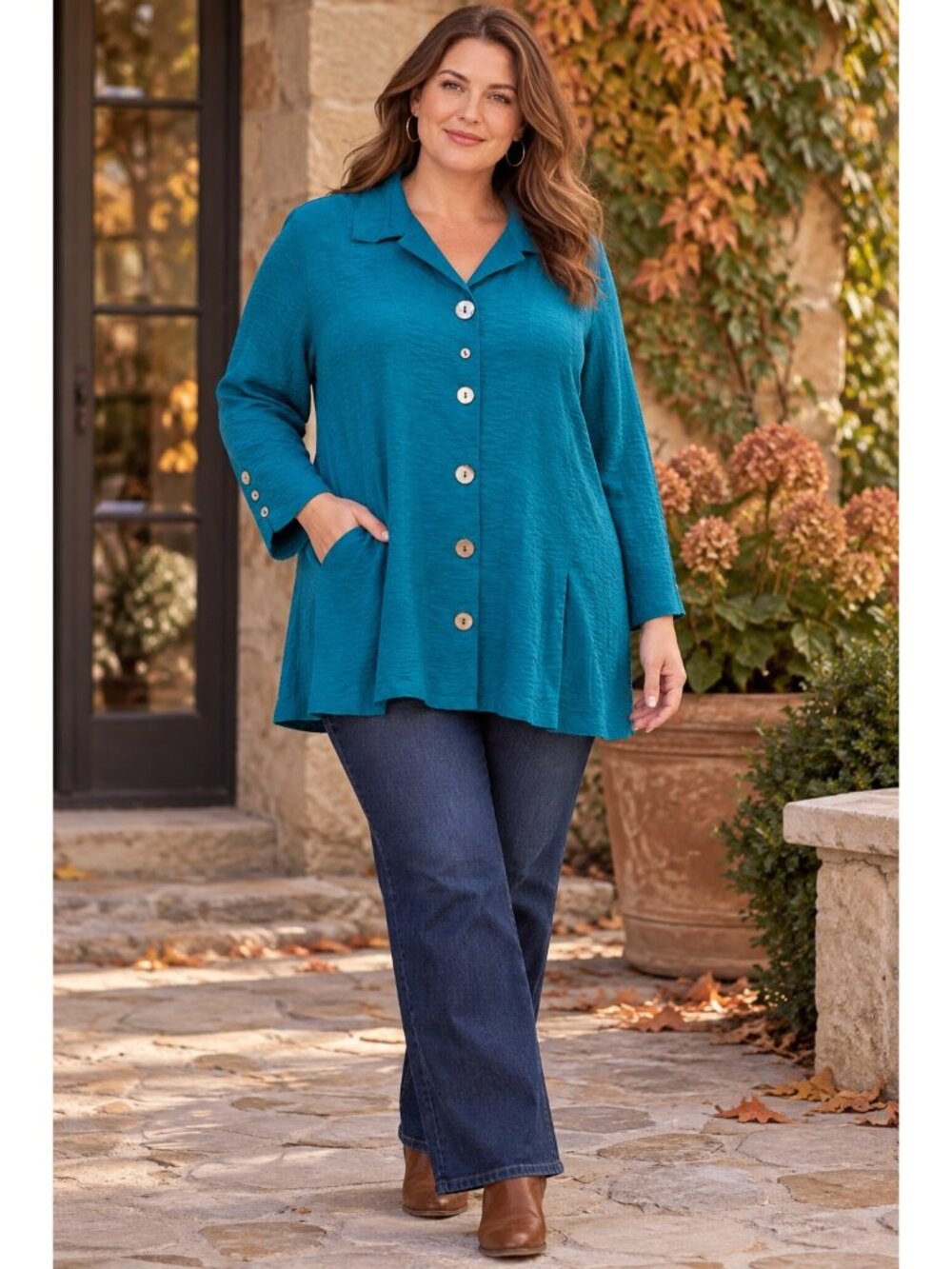 Ali Miles Women’s 1X Teal Blue Button Front Tunic Blouse Lagenlook Artsy